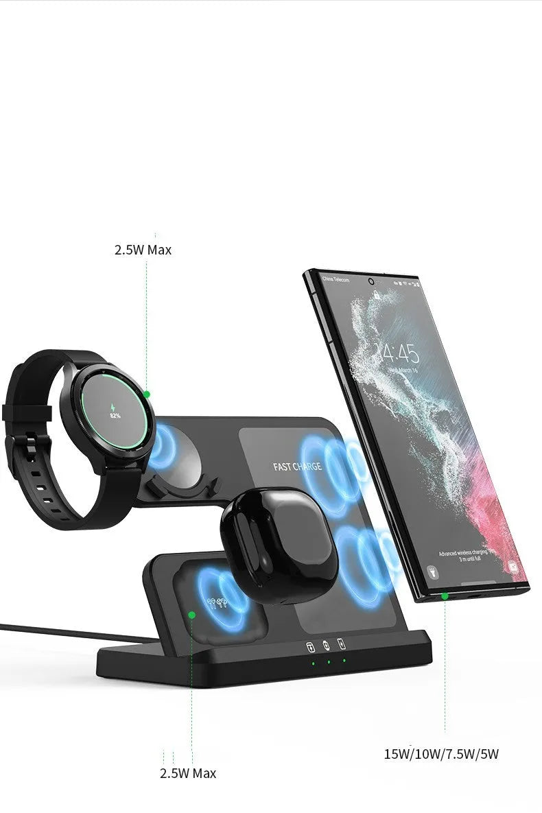 White vertical 3-in-1 wireless charging stand holding a mobile phone, a smartwatch, and wireless earbuds.