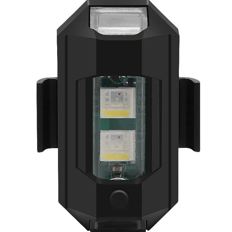 USB mini strobe warning light in ABS housing with Velcro strips for mounting on bicycle or motorcycle