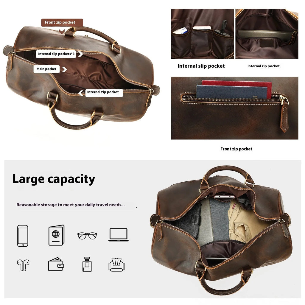 Men's genuine leather crossbody bag showing vintage design with substantial 48.3cm width dimensions