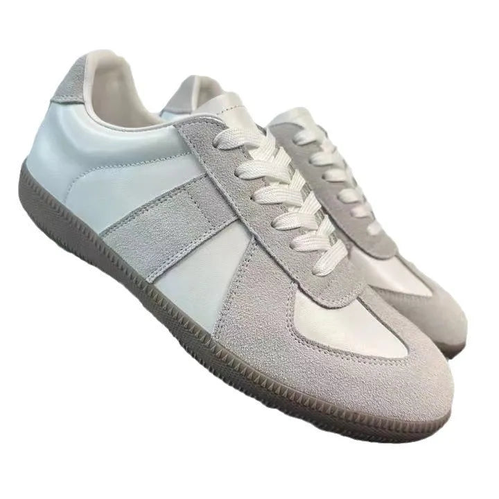 Genuine leather low top round toe lace-up sneakers for men in white with rubber sole