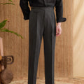Men's slim fit straight leg business casual trousers in dark grey polyester fabric