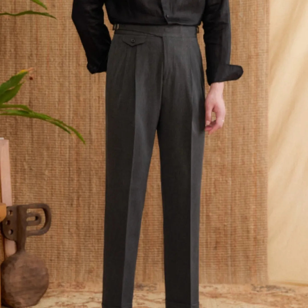 Men's slim fit straight leg business casual trousers in dark grey polyester fabric