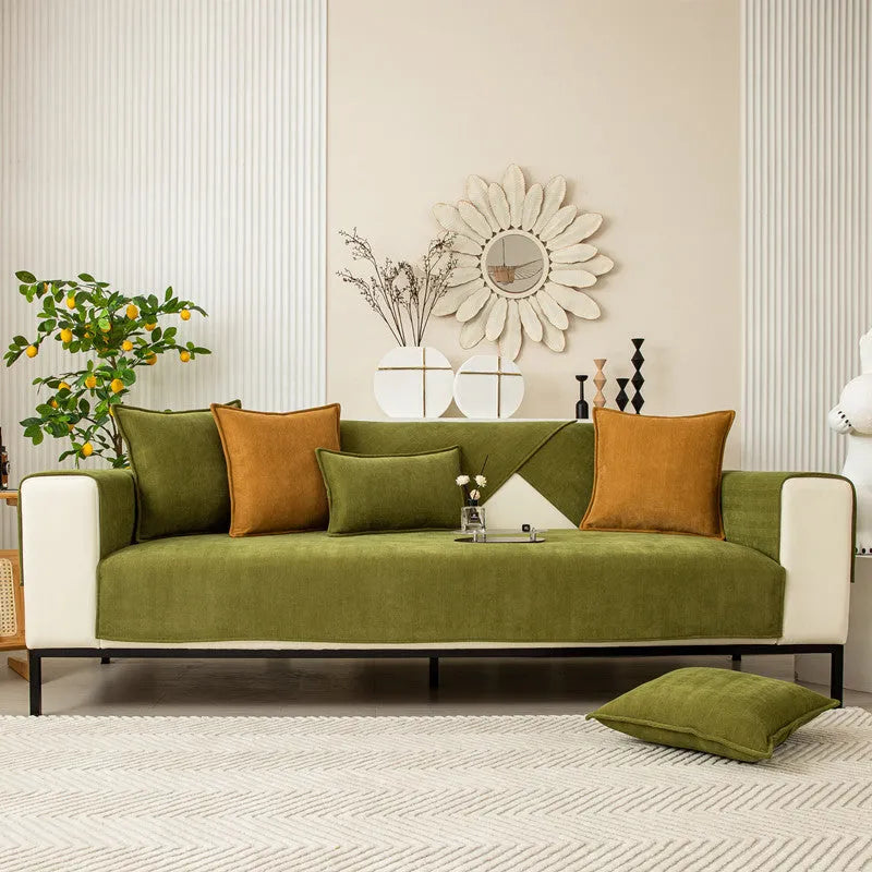 Thickened chenille sofa cover cloth towel in solid army green, beige, or haze blue, sizes 70x70cm to 110x240cm