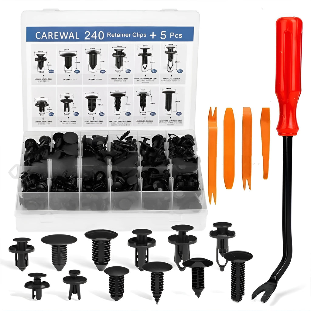Boxed buckle 240PCS automobile buckle set with plastic car clips and screwdriver in box packaging