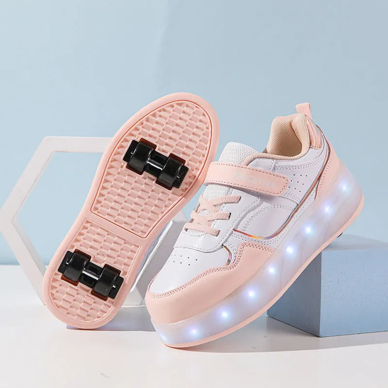 Boy and girl wearing rechargeable LED light-up roller skates in pink and black, showing two-wheel and four-wheel designs.