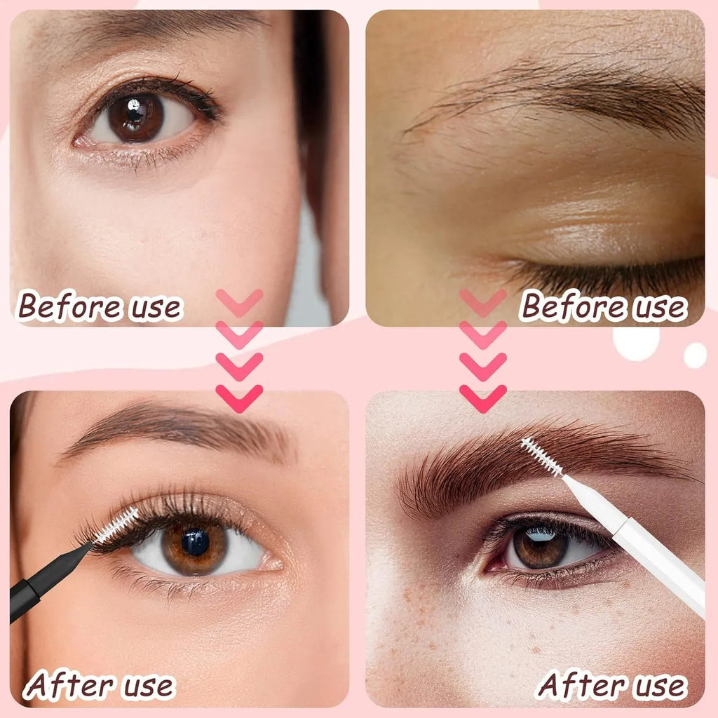 Set of coloured micro eyebrow and eyelash brushes with protective caps arranged on a white surface.