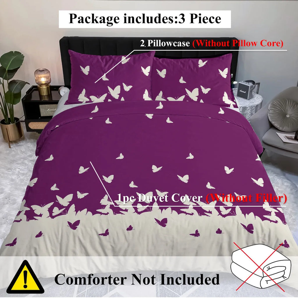 Purple butterfly 3-piece microfiber comforter set with reversible design on a bed