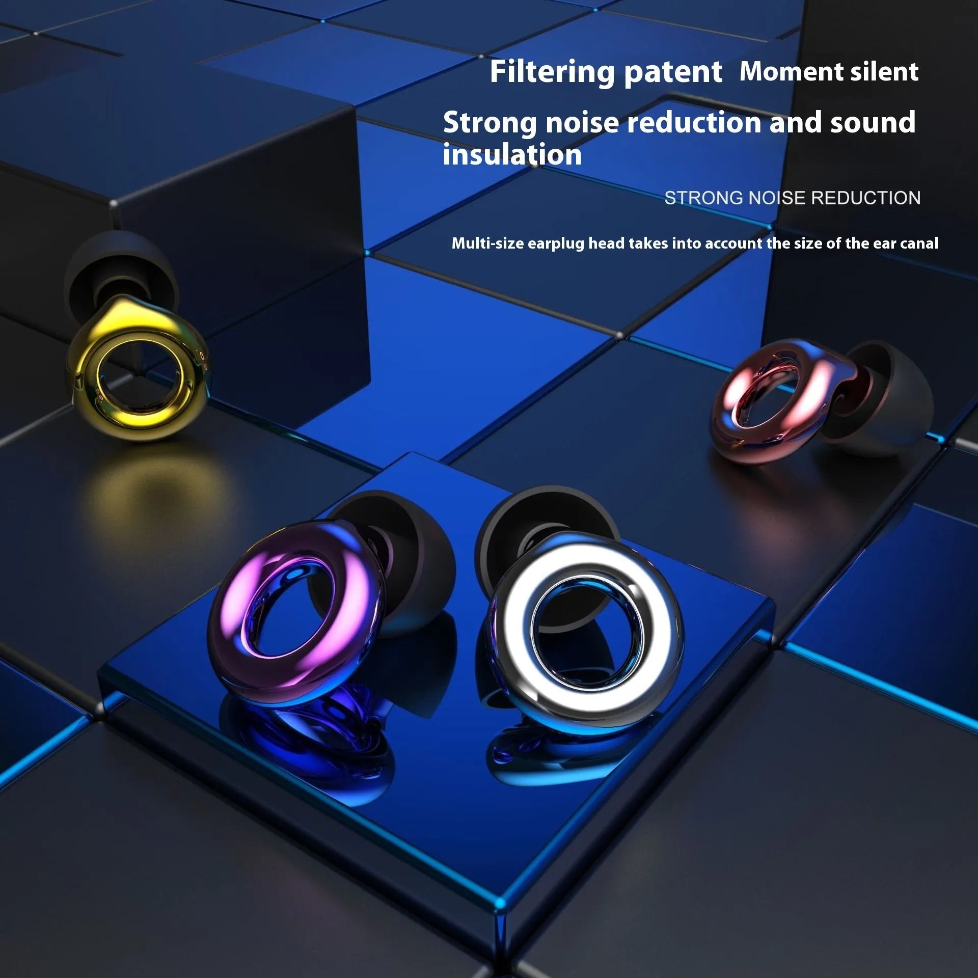 Set of reusable noise reduction sleep earpluds in various colours with a storage box and spare ear caps.