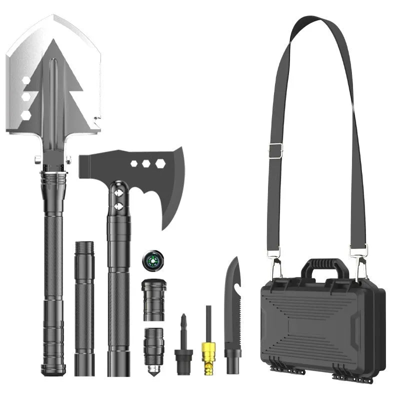 Black multifunctional military shovel hammer set with axe head and knife, 80cm long, with accessories laid out next to suitcase.