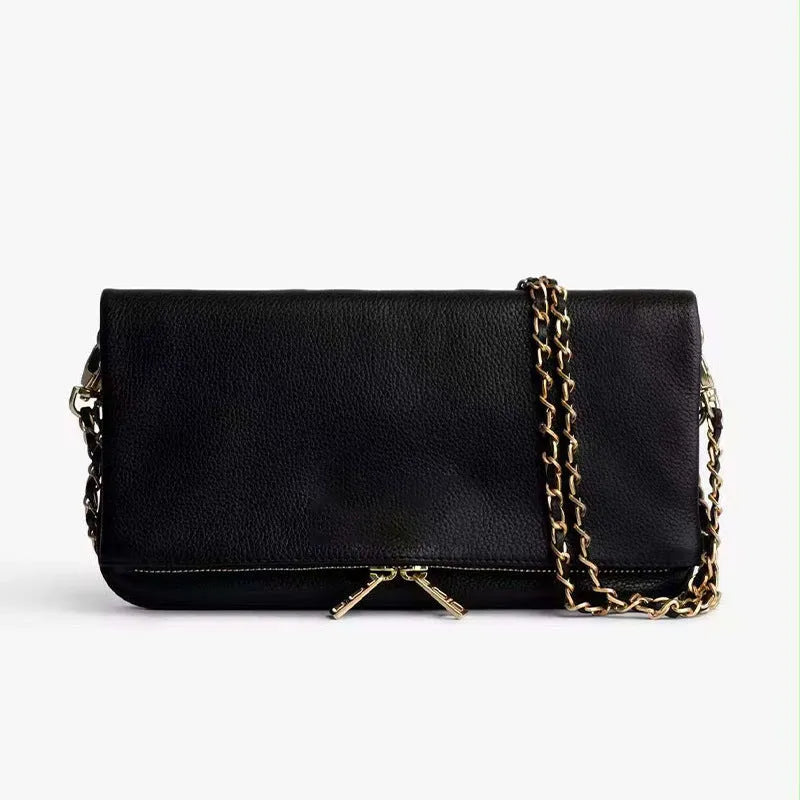 Women's soft PU leather chain folding clutch messenger bag with double straps in black classic colour
