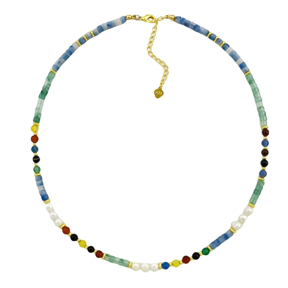 Pearl gradient mixed colour clavicle chain with mother of pearl shellfish pendant and ball bead chain