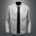 Plus size men's PU leather jacket with stand collar and zippered pockets in black