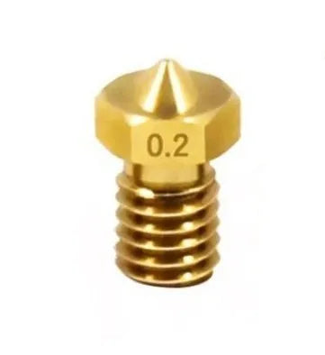 E3D brass 3D printer nozzle with M6 thread showing outlet aperture options