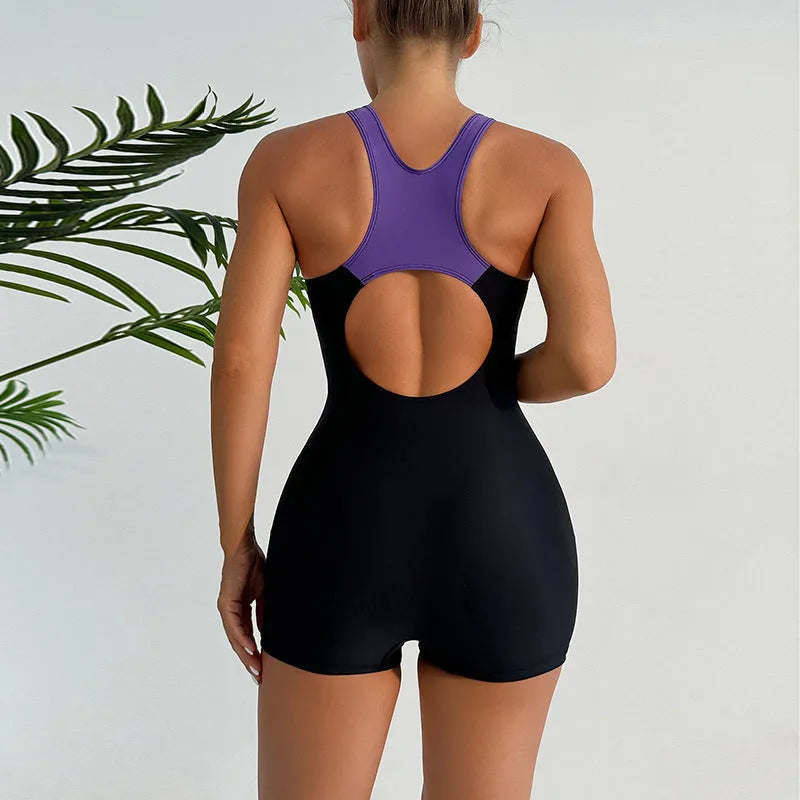 Women's printed backless one-piece swimsuit with stitched detailing in blue polyester sleeveless swimwear