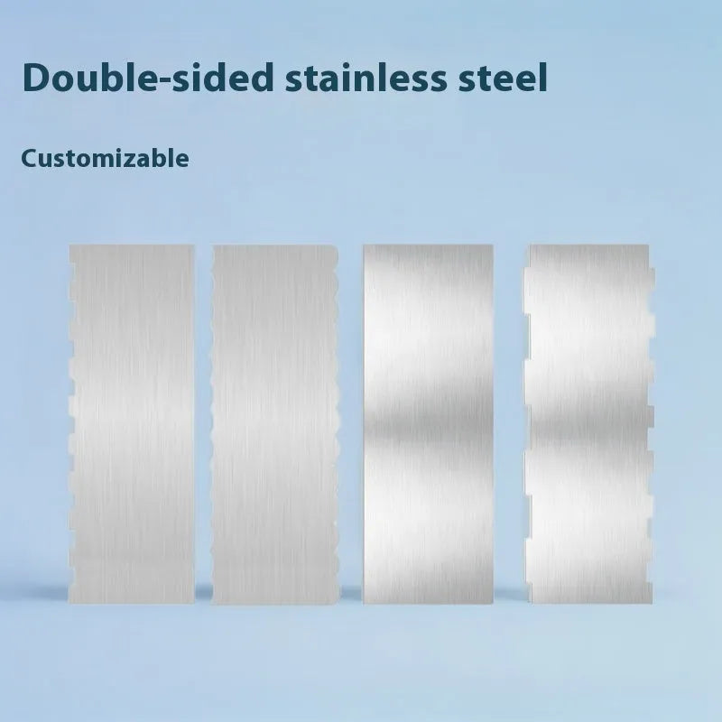 Stainless steel cake scraper with a polygonal pattern for texturing frosting, shown with six style options.