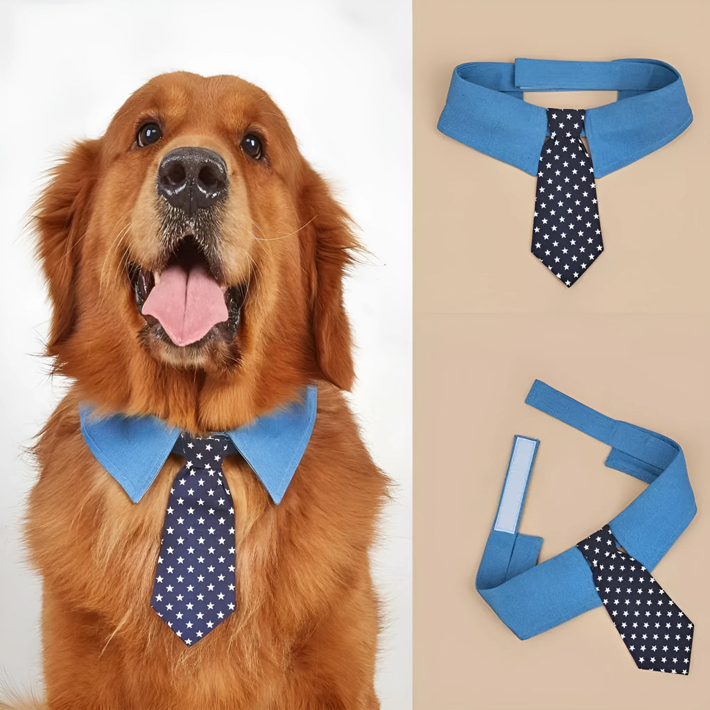 Denim pet collar with star pattern necktie on adjustable fastener tape for dogs