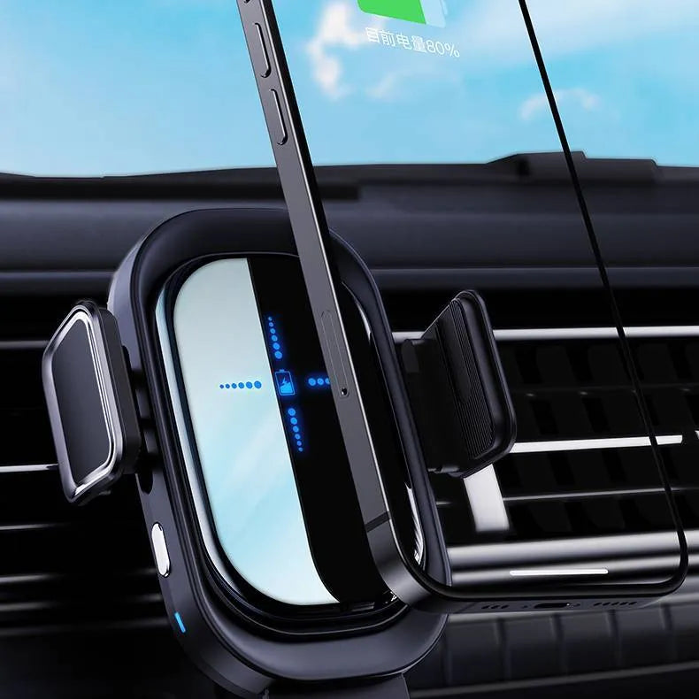 Black 08 induction car wireless charger with suction cup holder and air outlet clip, QI standard, 15W output