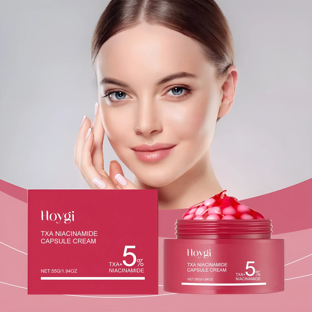 55g moisturising cream container showing gel formula with white balls containing tranexamic acid and nicotinamide