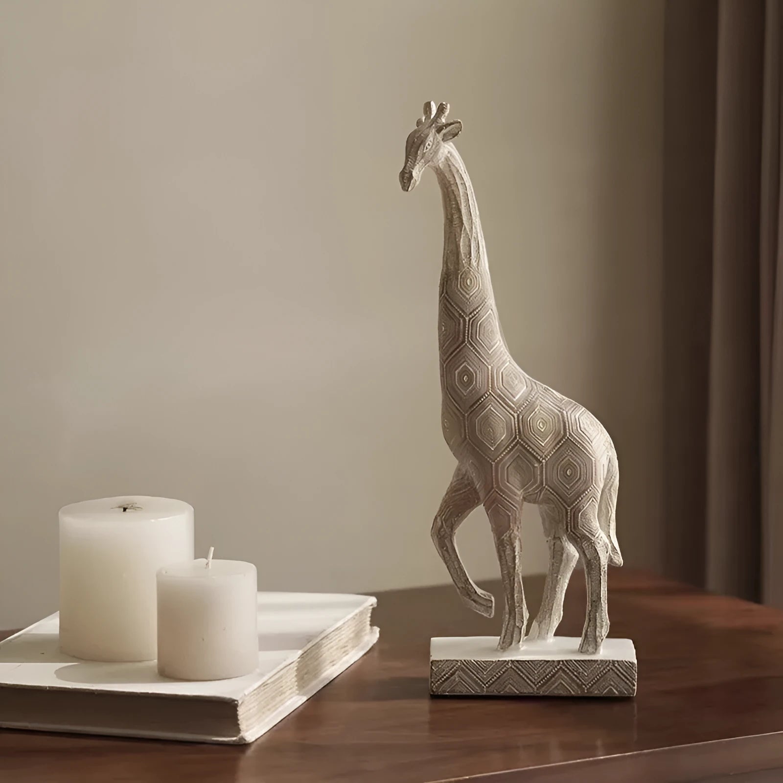 Wood colour synthetic resin giraffe decorative ornament on a shelf.
