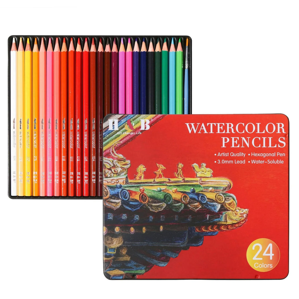 Water-soluble coloured pencil set with brush in an open iron storage tin, showing 24 wooden pencils.