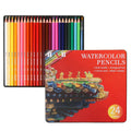 Water-soluble coloured pencil set with brush in an open iron storage tin, showing 24 wooden pencils.