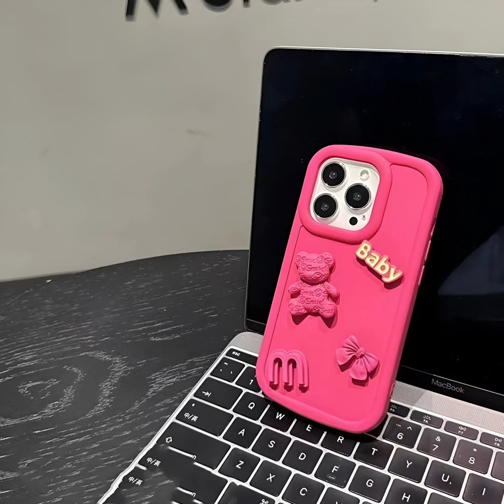 Frosted silicone phone case with 3D bear design, Rose Red oval big hole, for iPhone fall protection