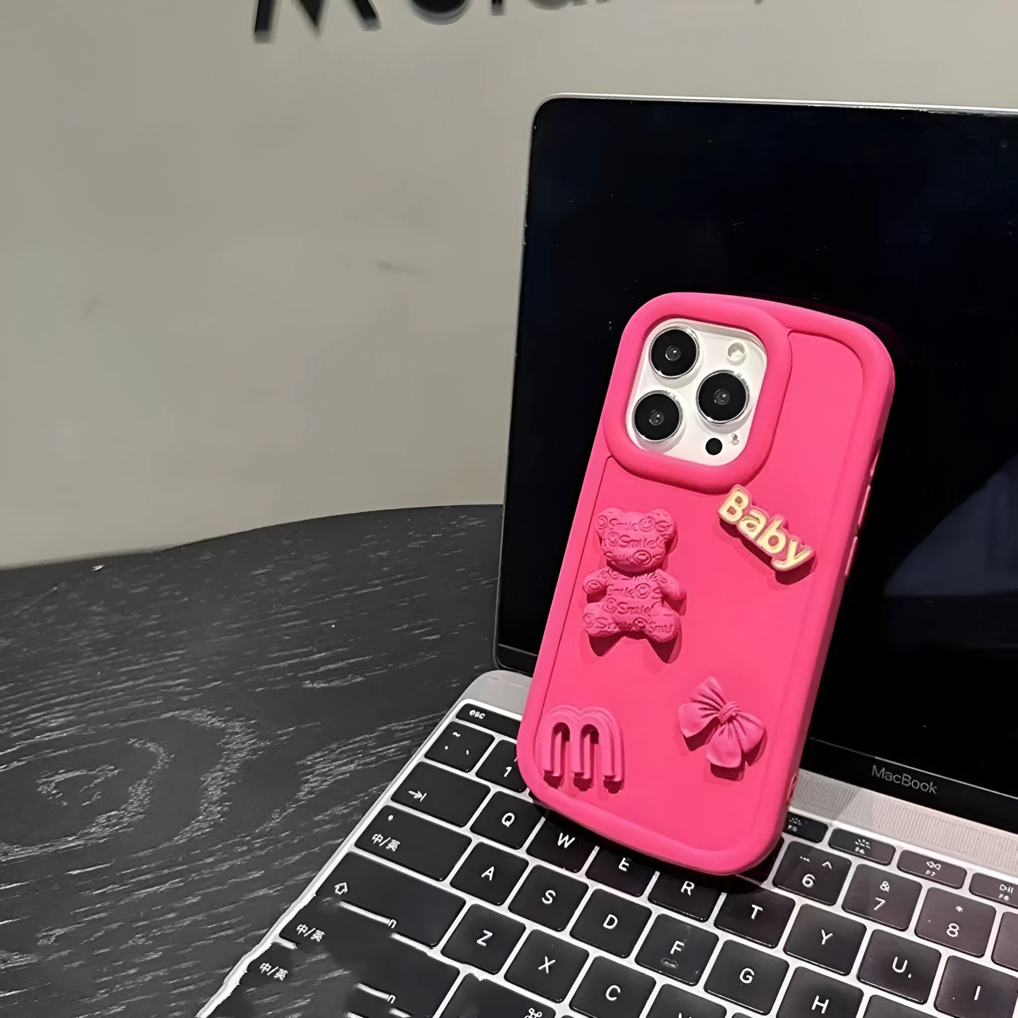 Frosted silicone phone case with 3D bear design, Rose Red oval big hole, for iPhone fall protection