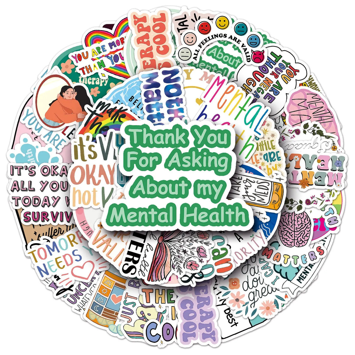 50 mental health graffiti stickers in English slogan designs, paper, 5.5-8.5cm, for phone cases and luggage