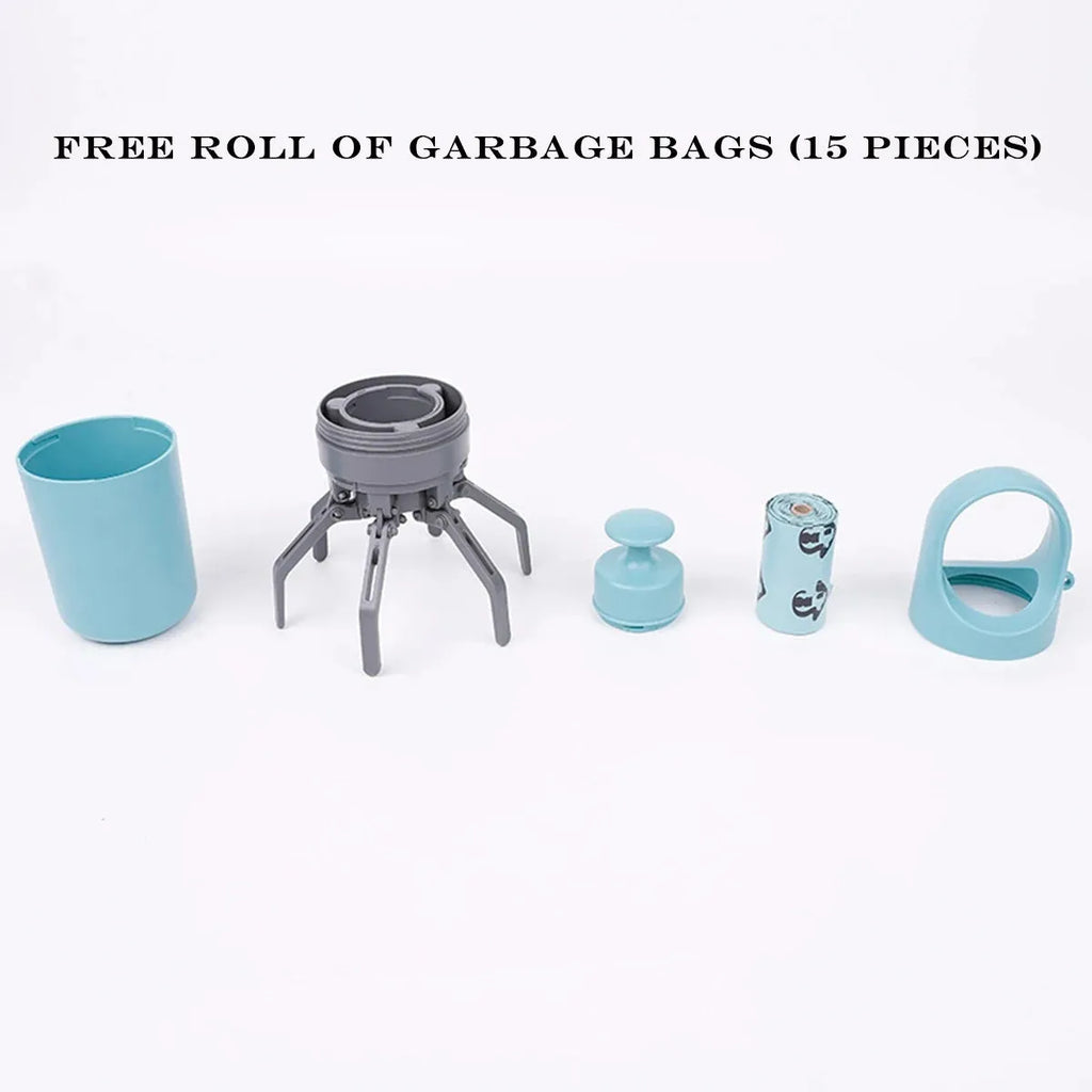 Blue portable pet pooper scooper with claw mechanism and built-in bag dispenser.