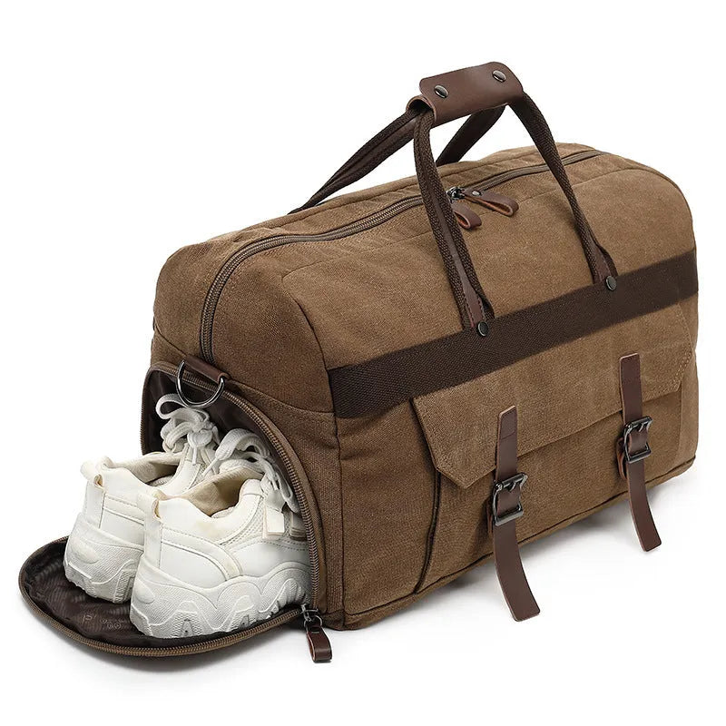 Men's canvas crossbody travel bag in black, brown or grey with 36-55 litre capacity