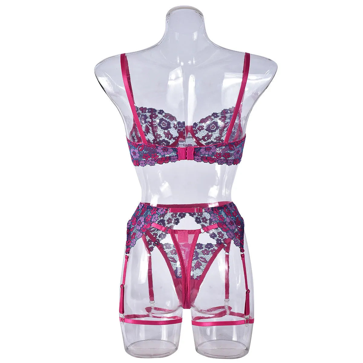 Rose red women's two-piece bikini with embroidered contrast detail on a mannequin.