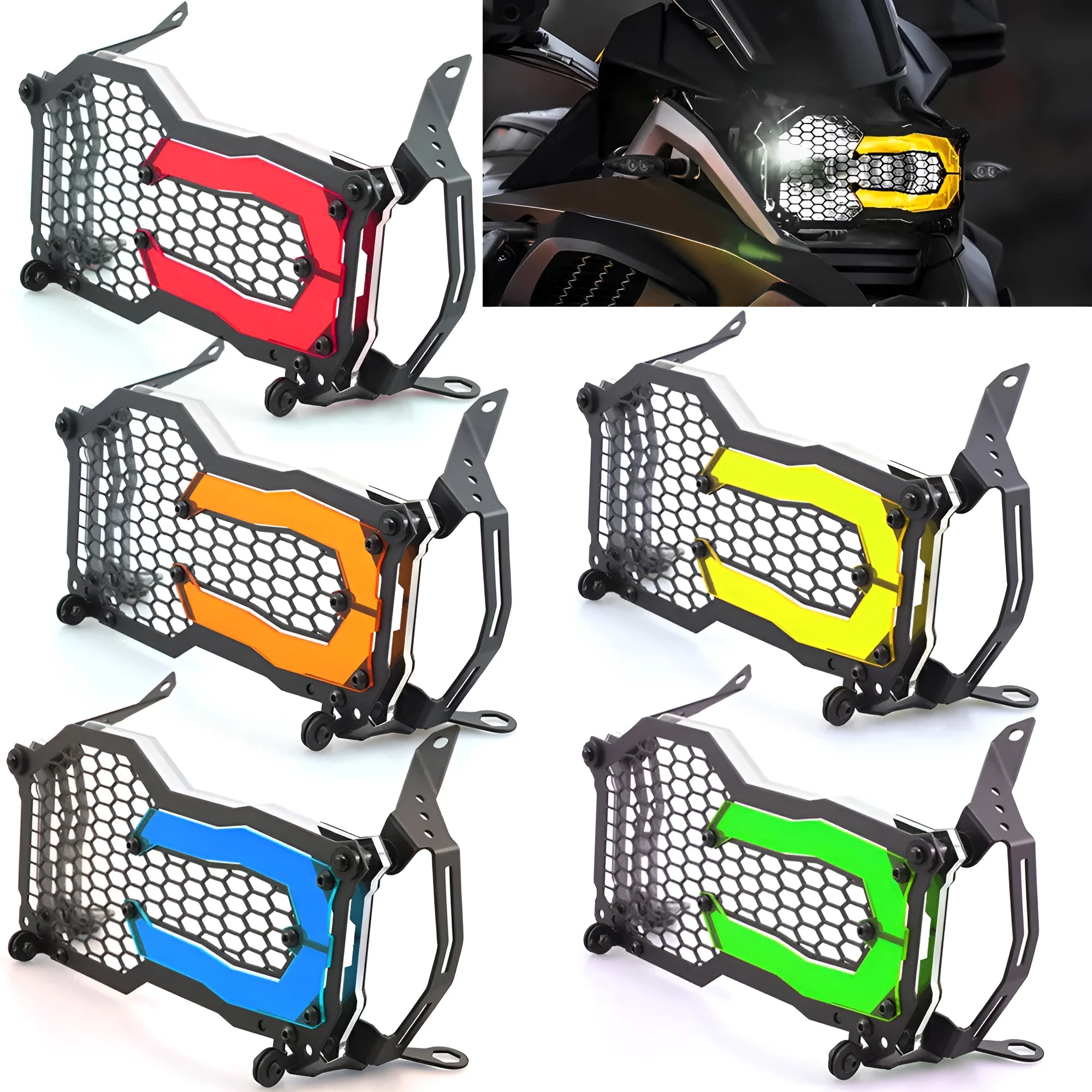 Quick release motorcycle headlight protective cover for BMW GS models in multiple colours.