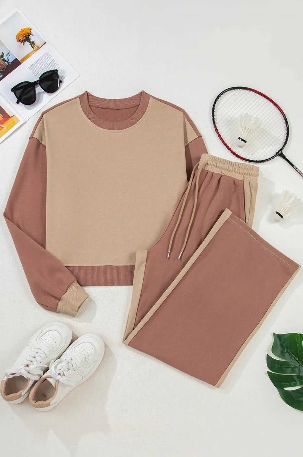 Women's camel cotton matching sports suit with top and trousers
