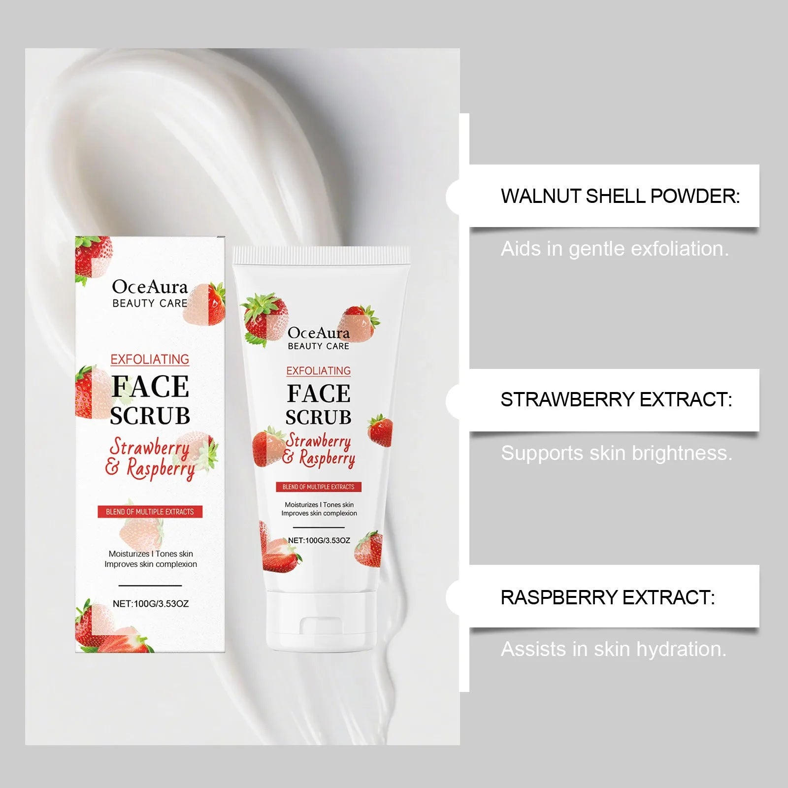 Exfoliating facial scrub in a tube with strawberry and pecan shell powder ingredients