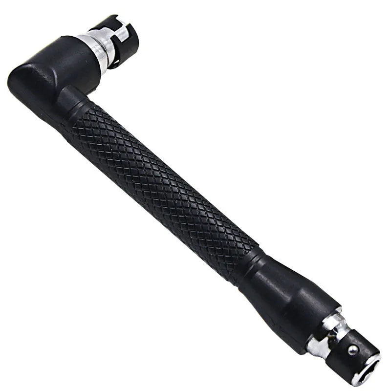 L-shaped double-headed socket wrench with ten screwdriver bits on white background