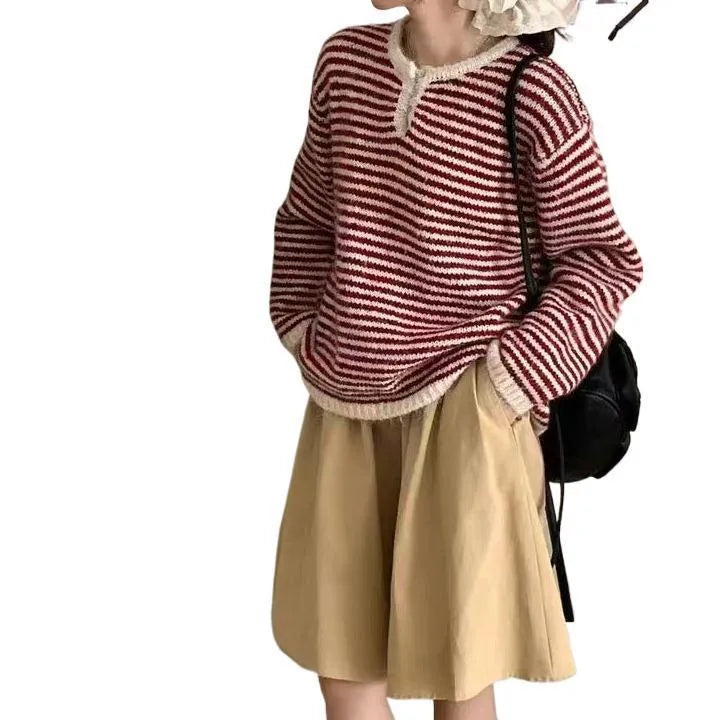 Retro striped cashmere pullover sweater for women in red or blue colour with free size fit