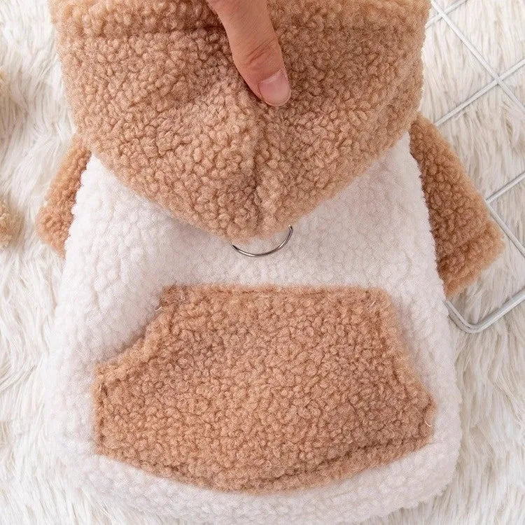 Brown thickened hooded cotton-padded coat for dogs with collar on mannequin