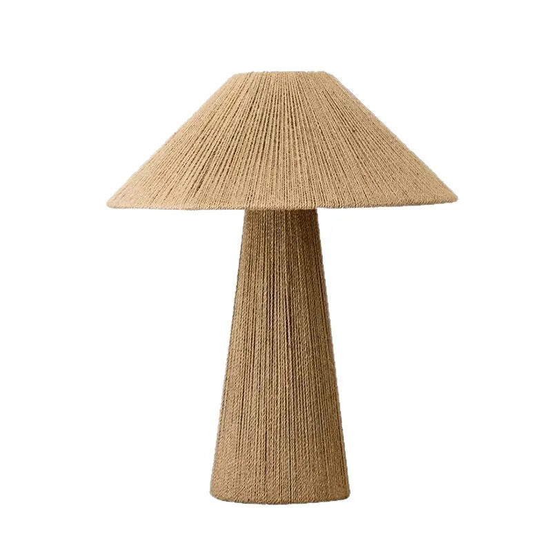 Japanese-style bamboo hat woven table lamp with 38cm diameter rope shade, warm light or tri-colour dimming options.