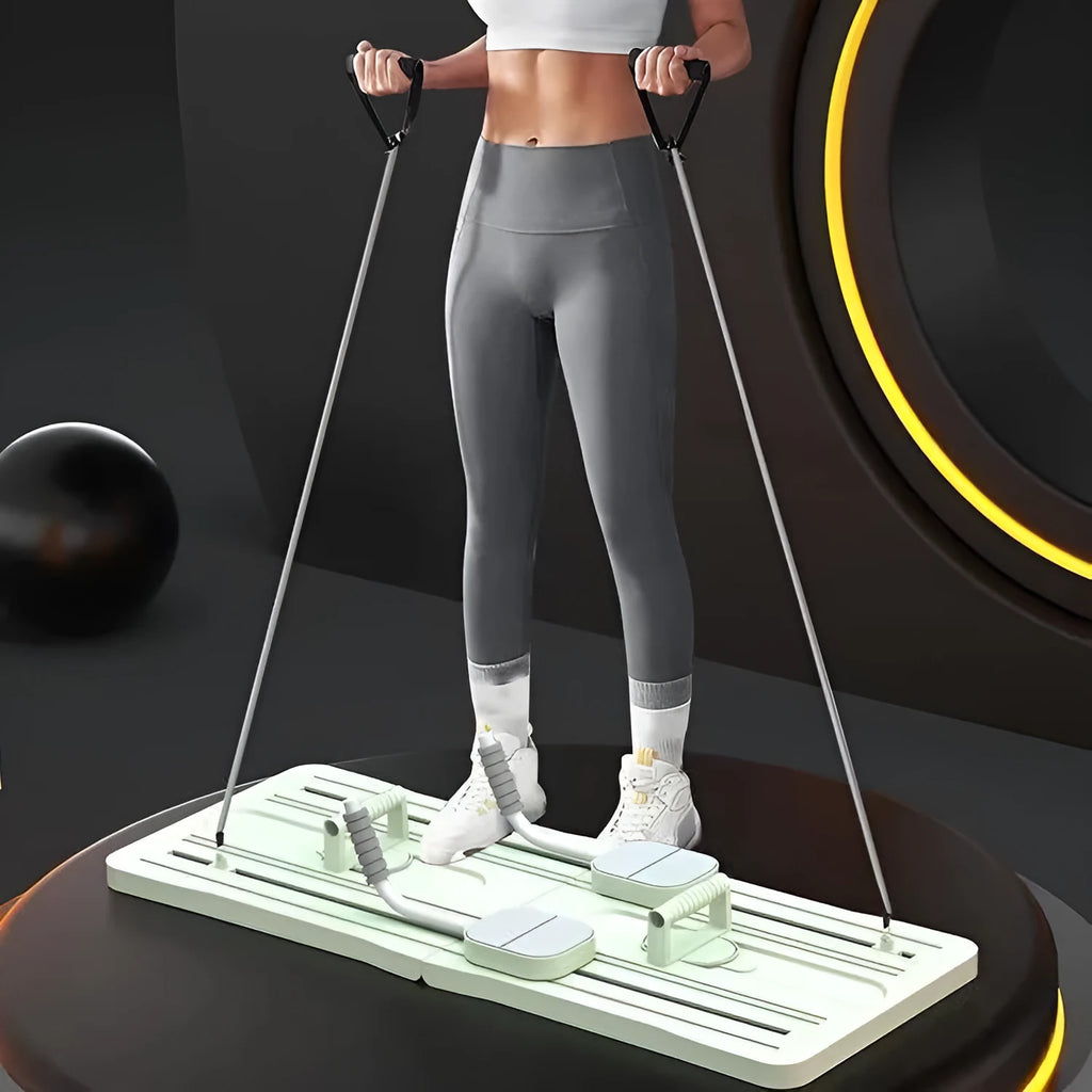 Purple foldable fitness belly board for abdominal exercises on a home floor