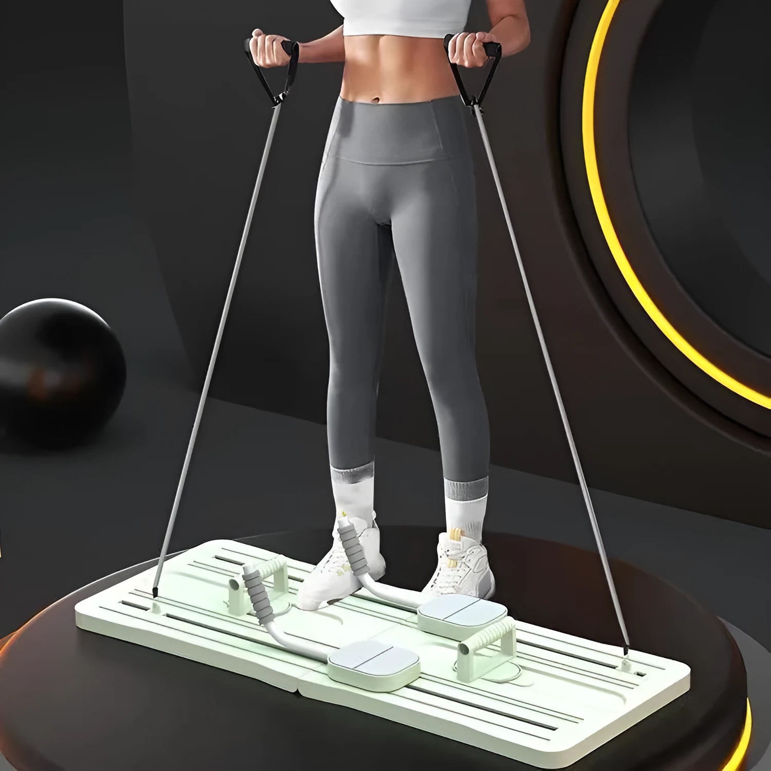 Purple foldable fitness belly board for abdominal exercises on a home floor