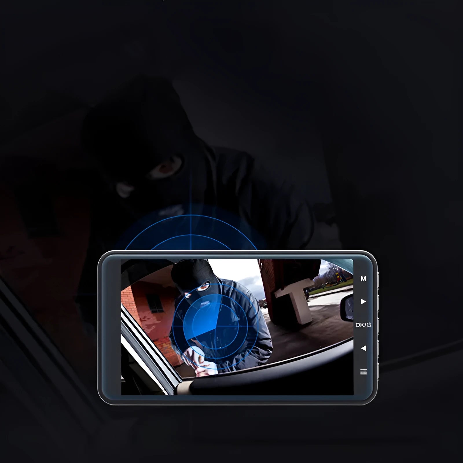 4-inch adhesive dashboard camera with dual lens and touchscreen display