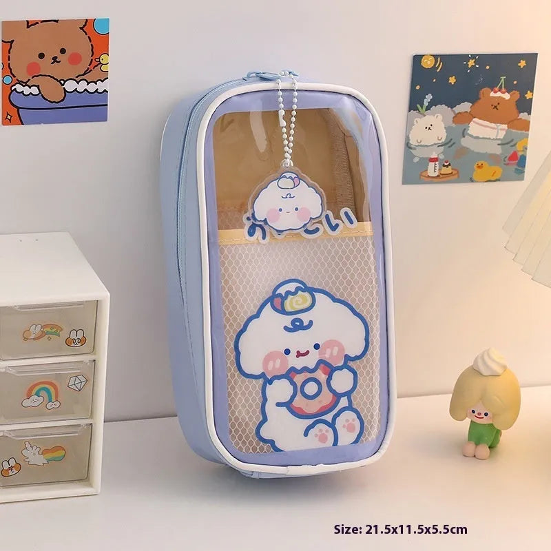 Transparent PVC student pencil case with Korean-style cartoon design showing stationery storage capacity