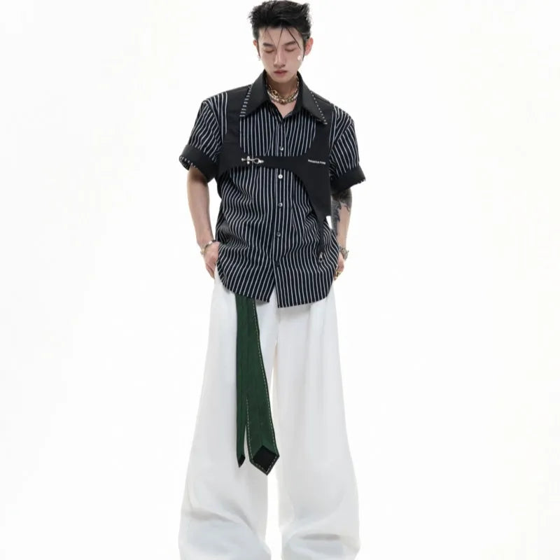 Men's double collar striped cotton shirt in loose fit with short sleeves