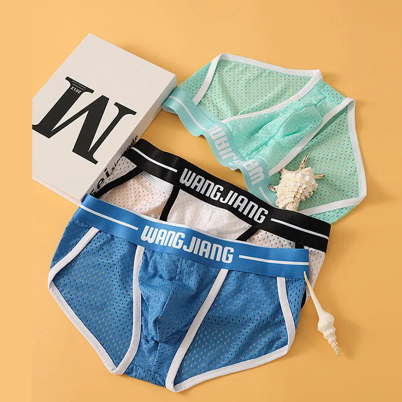 Men's triangular underwear in mesh ice silk fabric showing quick-dry sports briefs in multiple colours