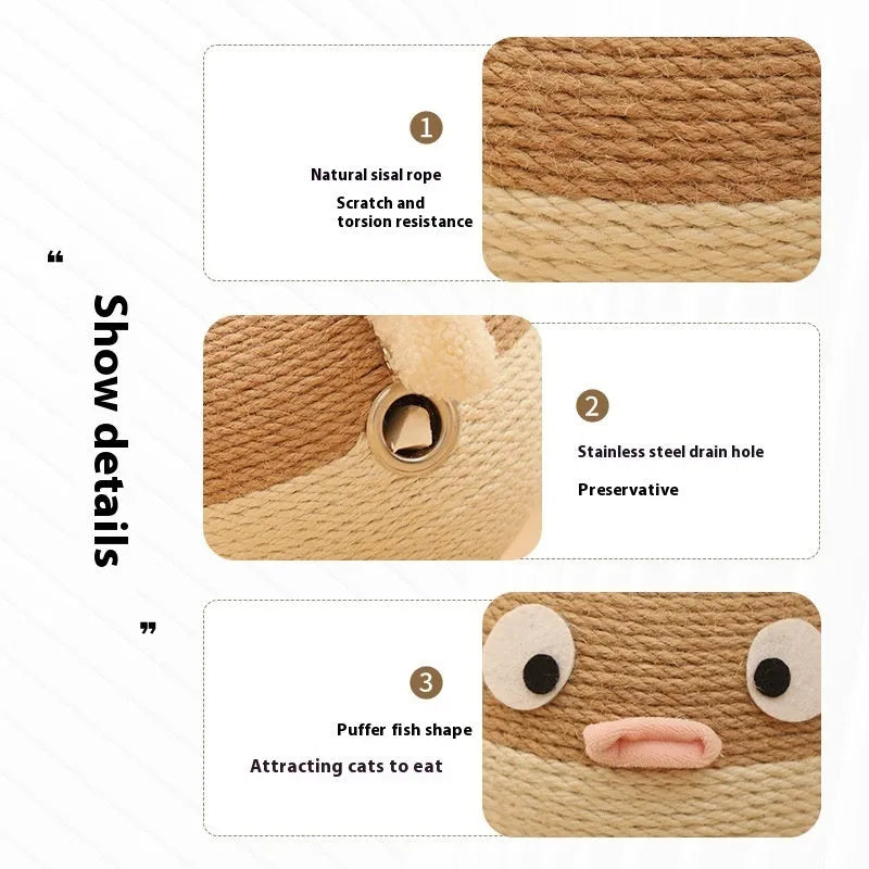 Puffer fish-shaped pet food feeder toy made from natural sisal hemp strips, 15cm cube design