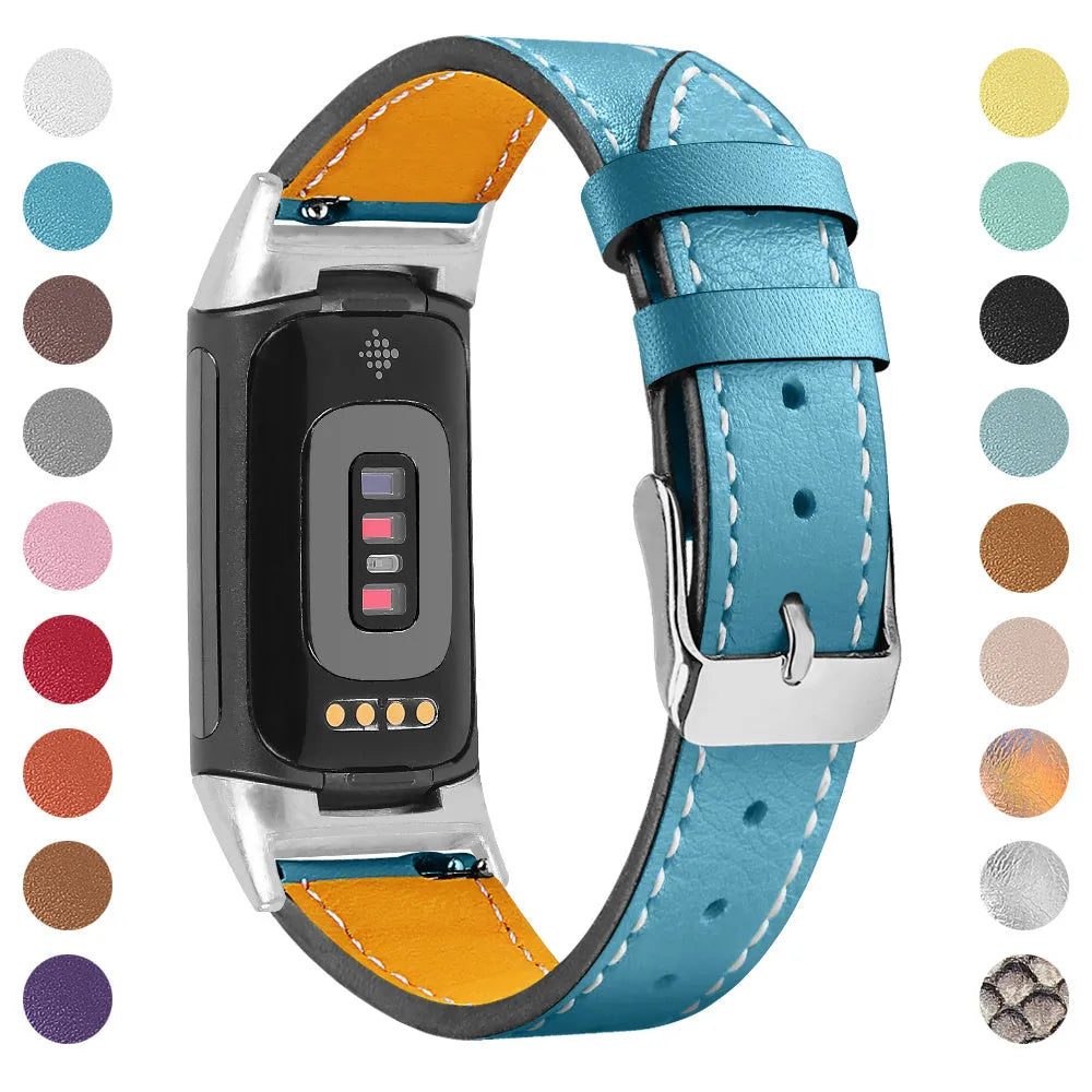 Genuine leather replacement watch strap for Fitbit Charge 5 and Charge 6 smartwatches.