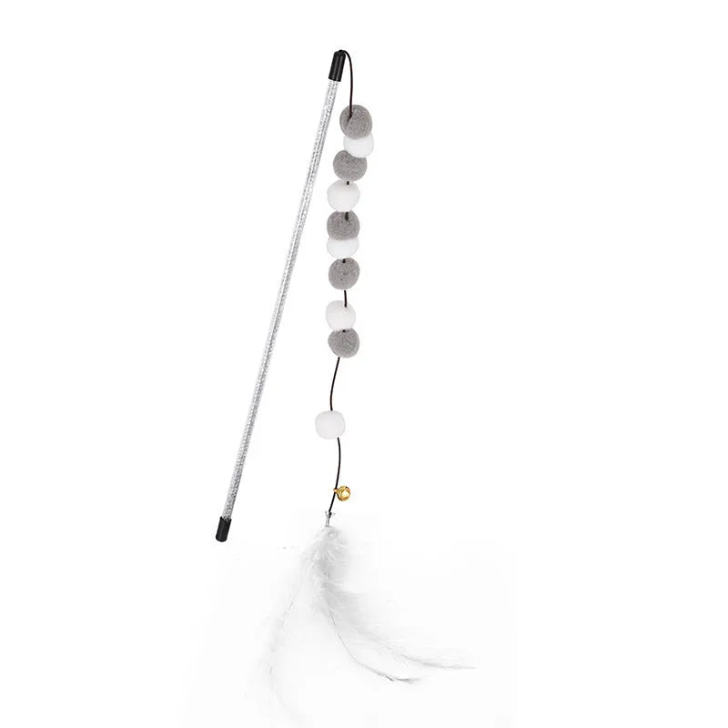 31cm cat teaser interactive toy rod with bell and pompon feather attachments in four colour options