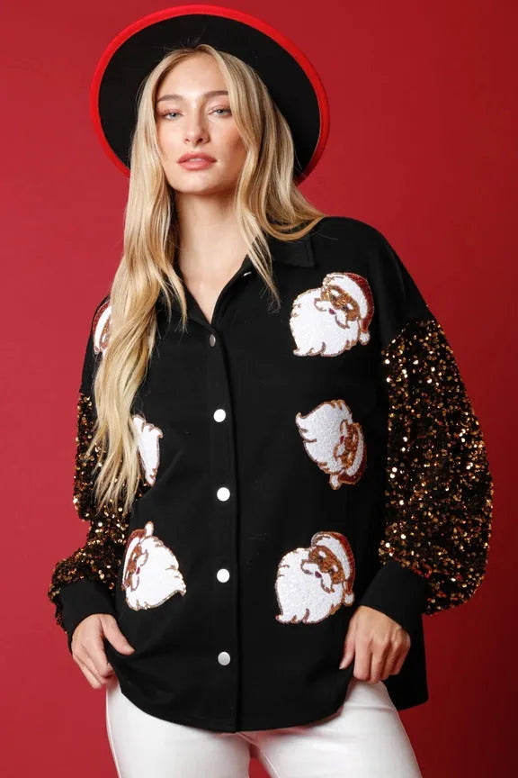 Women's black fleece shirt with Santa Claus pattern, sequined sleeves, and button front, sizes S-XXL