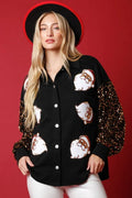 Women's black fleece shirt with Santa Claus pattern, sequined sleeves, and button front, sizes S-XXL