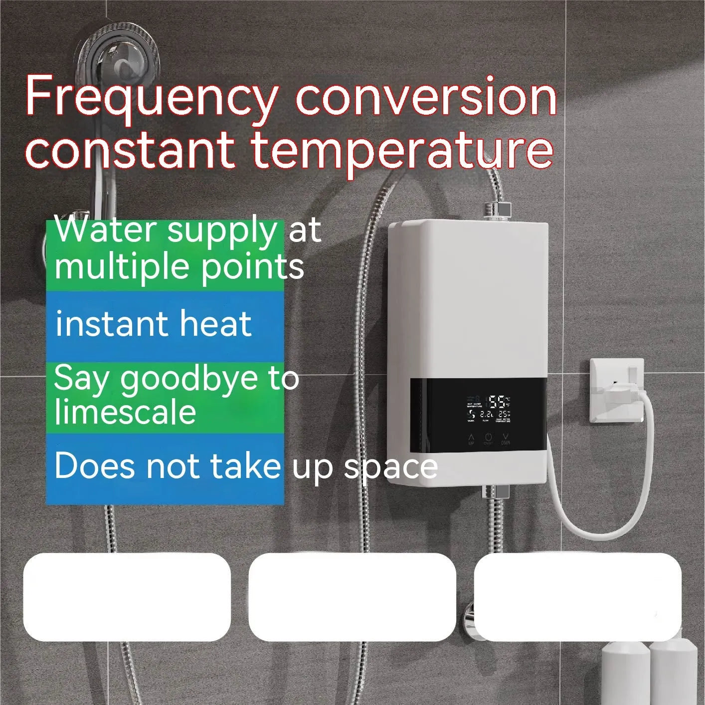 Portable instant electric water heater unit with LED touch screen display in gold, silver, or white finish.